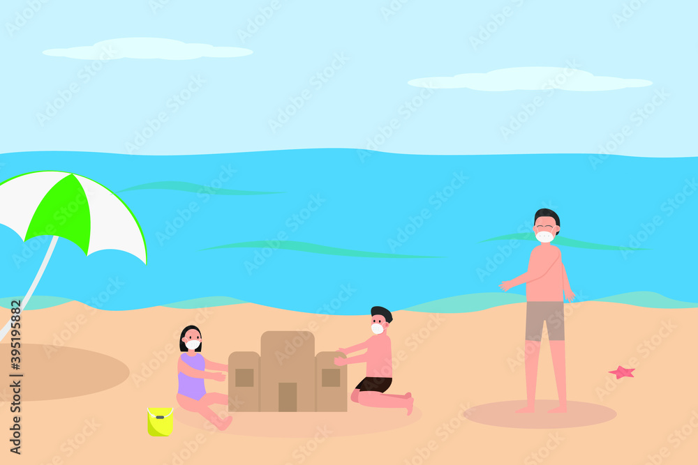 New Normal vector concept: Kids wearing face mask and playing sand castle while enjoying holiday on beach during new normal life after coronavirus