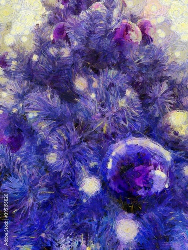 Purple Christmas tree and golden and silver decorative balls Illustrations creates an impressionist style of painting.