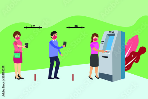 Social distancing vector concept: Group of people keep social distancing in ATM machine while wearing face mask