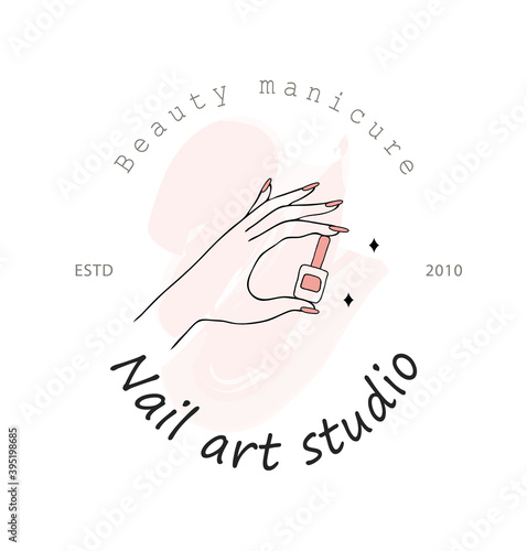 Vector logo template for nail art studio. Modern design for manicure and pedicure salon beauty and spa center. Linear illustration isolated on pink watercolor background.