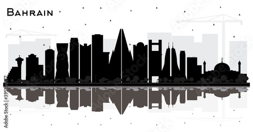 Bahrain City Skyline Silhouette with Black Buildings and Reflections Isolated on White.