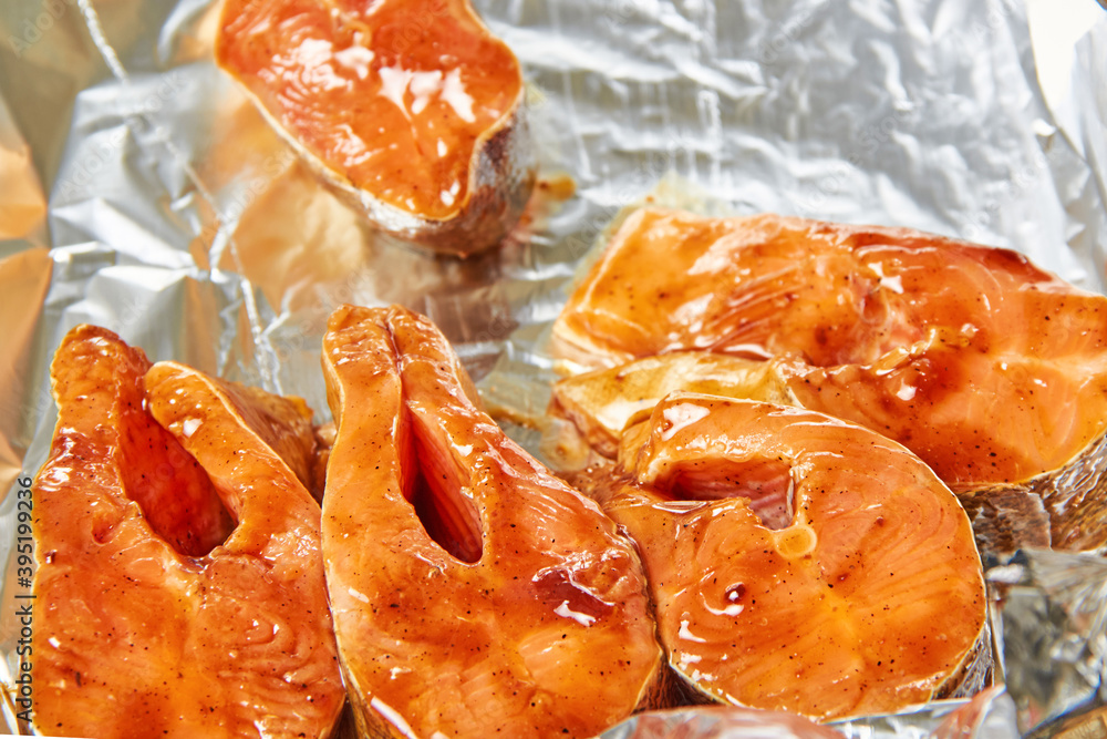 Fish in a marinade of teriyaki sauce before baking Fish in a marinade of teriyaki sauce before baking