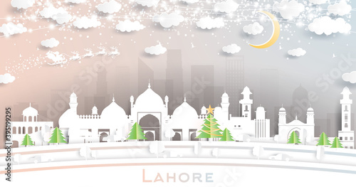 Lahore Pakistan City Skyline in Paper Cut Style with Snowflakes, Moon and Neon Garland.