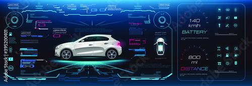 Car user interface HUD, GUI, UI. Options, settings, power supply of the car electrics. Virtual graphical interface with vehicle settings and characteristics. Autonomous driving on the road