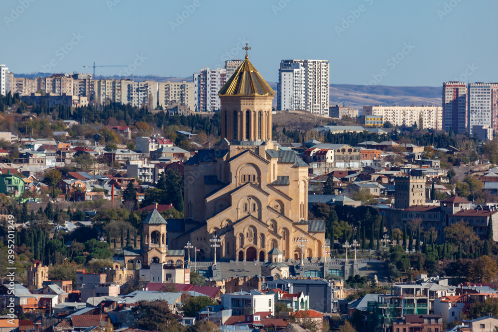 Naklejka premium View of Tbilisi with Sameba, Trinity Church and other landmarks