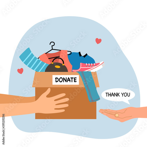 Sharing clothes to people. Clothes donation concept. Woman hand holding box full of clothes and accessories in flat design vector illustration on white background. Time for charity.	

