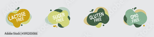 Set of allergen free badges. Lactose, gluten, sugar and GMO free. Vector signs of allergen contant for packaging design, cafe, restaurant badges, tags.