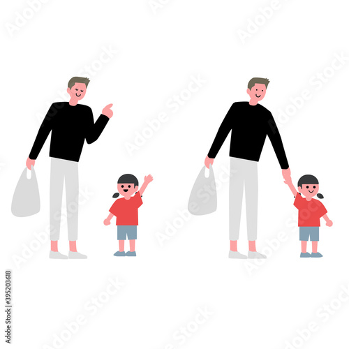 マイバッグを持ってお買い物へいく親子イラスト素材