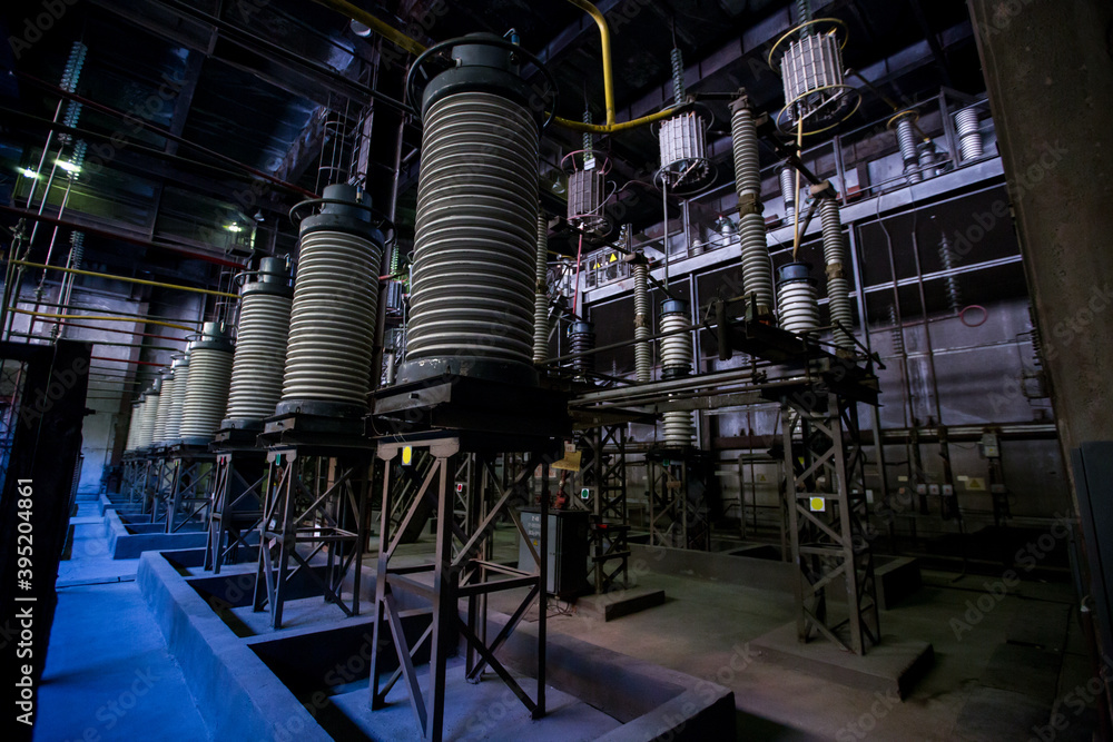Open switchgear at the Kolymskaya HPP. Electrical fuses in a hydroelectric power plant