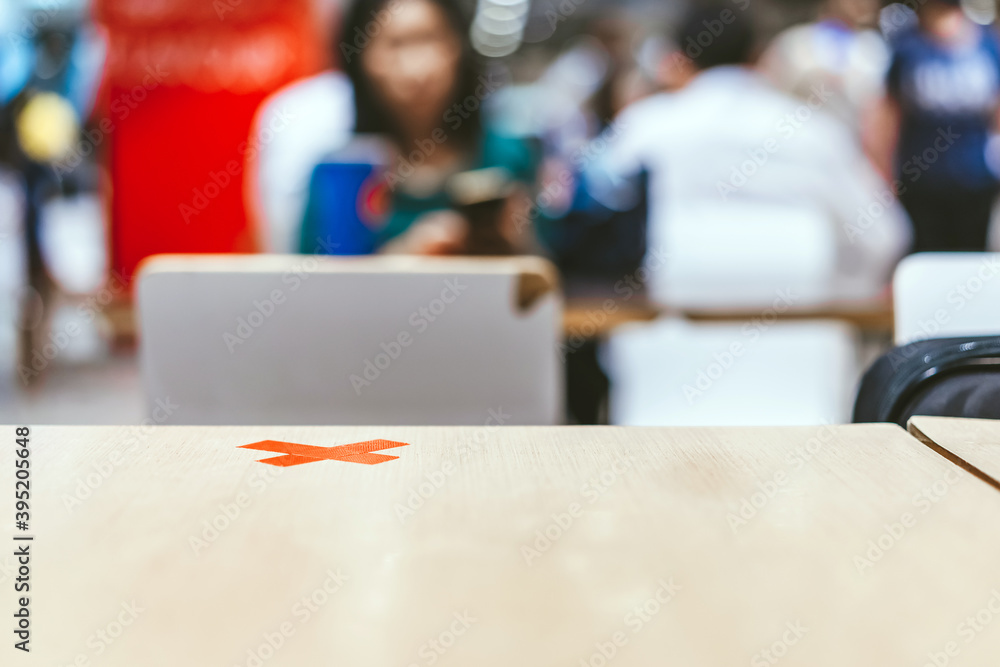 Fototapeta premium Alternative seating mark for social distance rules in the mall distance for one seat from other people to protect from Corona Virus(COVID-19), social distancing for infection risk.New normal lifestyle