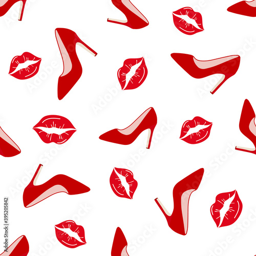 Glamorous red shoes seamless pattern. Design for beauty industry, wrappers, greeting cards, packaging, textiles, printing, Valentine's Day. Vector