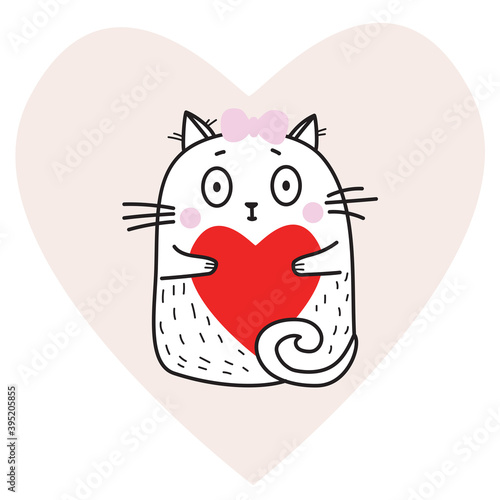 Cute funny white cat girl with a red heart in her paws on the background of a pink heart. Vector illustration. Cute animal For design, decoration, Valentines Day cards