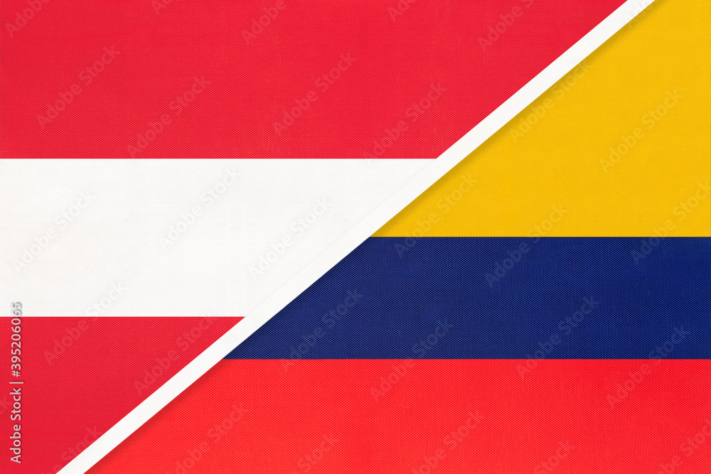 Austria and Colombia, symbol of national flags from textile. Austria and Colombia, symbol of national flags from textile.