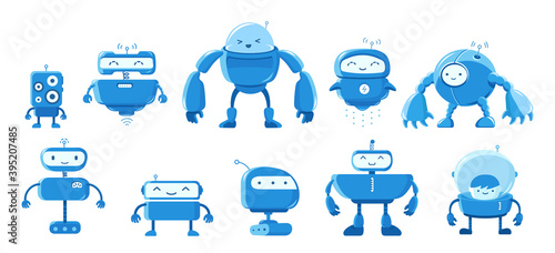Robots mascot set. Different types for all tasks. Smart artificial intelligence character. Cartoon vector flat illustration.