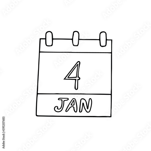 calendar hand drawn in doodle style. January 4. World Braille Day, Newton, National Spaghetti, date. icon, sticker, element, design. planning, business holiday