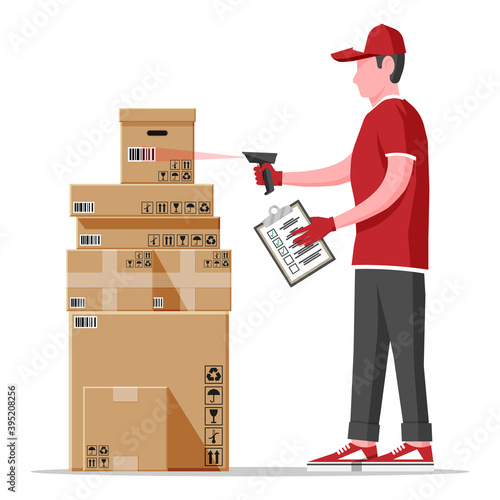 Warehouse worker scanning barcode on cardboard box. Checking bar code of container with scanner. Delivery, logistic and shipping cargo. Flat vector illustration