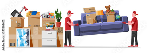 Moving to new house. Family relocated to new home. Paper cardboard boxes with various household thing. Package for transportation. Computer, lamp, clothes, books. Vector illustration in flat style