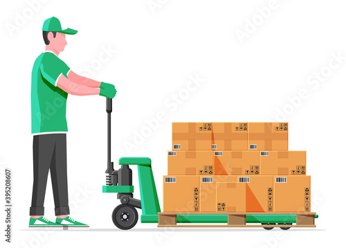 Hand pallet truck with cardboard box and mover isolated on white. Pallet jack full of carton boxes. Delivery packaging closed container with fragile signs. Vector illustration in flat style