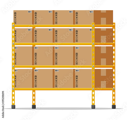 Metallic shelves with carton brown boxes. Goods and container package. Pile cardboard boxes set. Delivery packaging closed box with fragile signs. Vector illustration in flat style