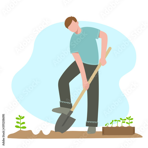 Man with shovel digs holes for planting plants. Vector