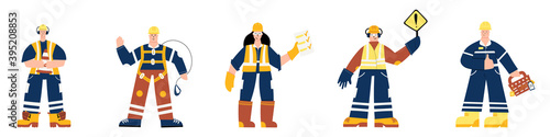People characters collection set with construction and industrial workers. Heath and safety at work. People in safety uniform and personal protective equipment. PPE. LOTO. Working at height