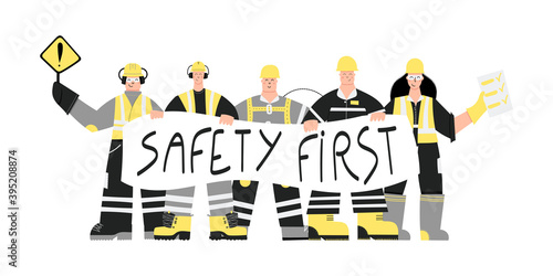 Construction or factory industrial workers wearing personal protective equipment with Safety first poster in hands. Workers character design. Health and safety at work. PPE