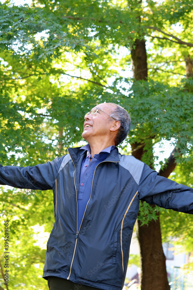 森で深呼吸する男性 森で深呼吸する男性