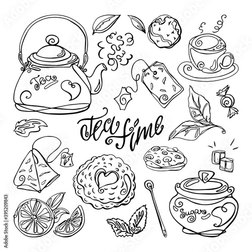 Wallpaper Mural Hand drawn tea set on white isolated background. Vector illustration. Torontodigital.ca