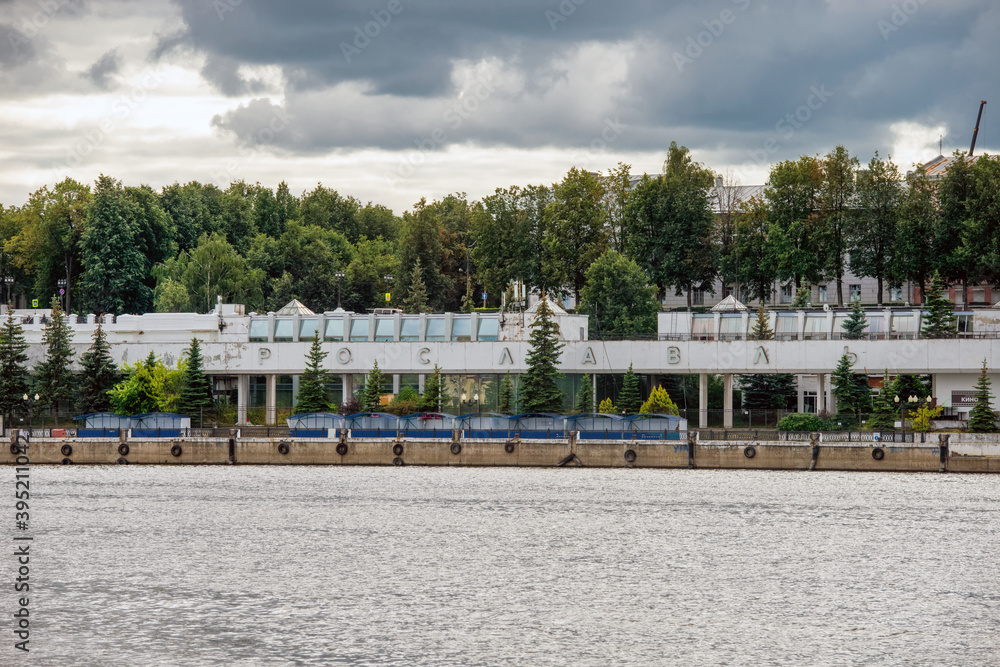 Yaroslavl, Russia - August 14, 2020: River port located in historical part of the city of Yaroslavl, located along the banks of the Volga River. Yaroslavl is part of the Golden Ring of Russia.