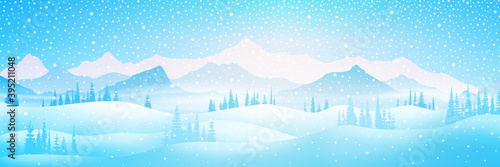 Winter vector landscape, panoramic view. Snowy mountain view.