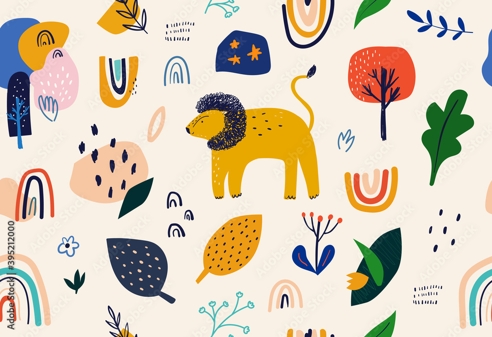 Cartoon childish Seamless pattern with lion and leaves