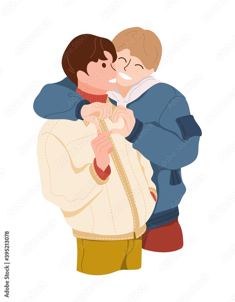 Homosexual couple on date. Two young men hug and smile on the street in winter. Happy LGBT guys folded their hands in shape of heart. Male love on isolated white background. Vector stock illustration. Homosexual couple on date. Two young men hug and smile on the street in winter. Happy LGBT guys folded their hands in shape of heart. Male love on isolated white background. Vector stock illustration.