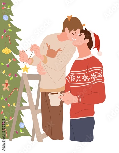 Happy LGBT family decorates the Christmas tree. Two men are hanging toys in the house on isolated white background. A homosexual couple is preparing for New Year holidays. Vector stock illustration.