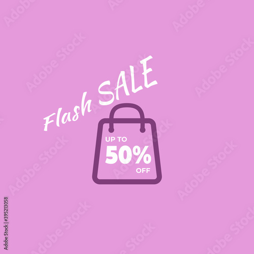 Flash sale banner up to 50% off. Banner with shopping bag symbol. Vector illustration.