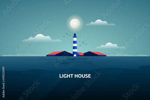 Scenery of lighthouse with colorful beautiful sunset sky and sea landscape
