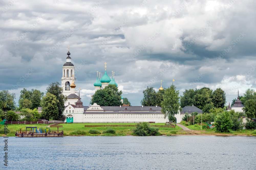 View of the Tolgsky monastery. The Holy Gates with the Nikolskaya Church, the Cathedral of the Presentation of the Most Holy Theotokos in the Temple, the bell tower