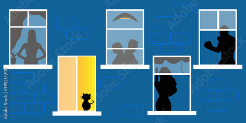 Silhouette of people and animals in the night Windows. Layout of a building wall, apartments, and human bodies. The exacerbation of the senses. Vector graphics.