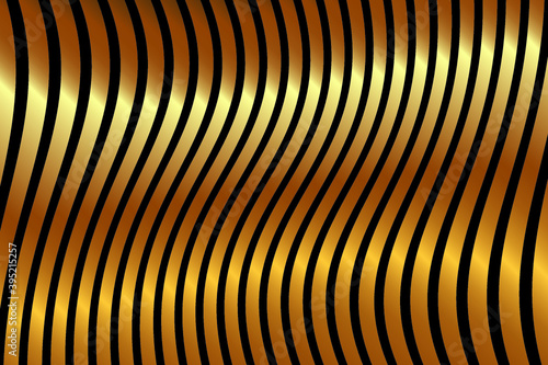 Abstract 3d gold luxurious wave line background. Abstract background with metal waves. Bright gold stripy metallic backdrop. Golden Texture with wavy  curves stripes. Vector illustration