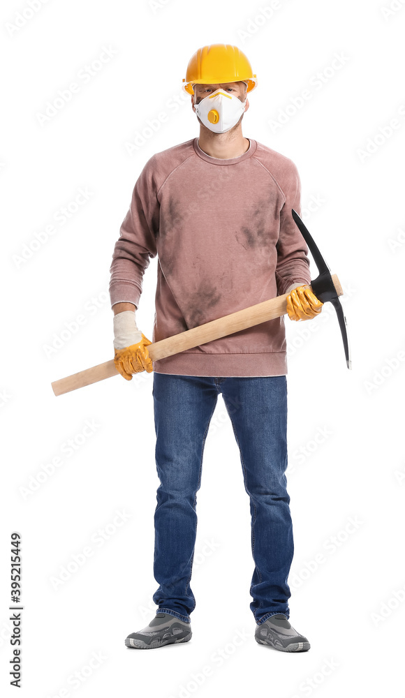 Miner man with pick axe on white background Miner man with pick axe on white background