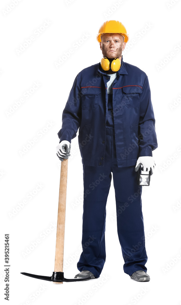 Miner man with pick axe on white background Miner man with pick axe on white background