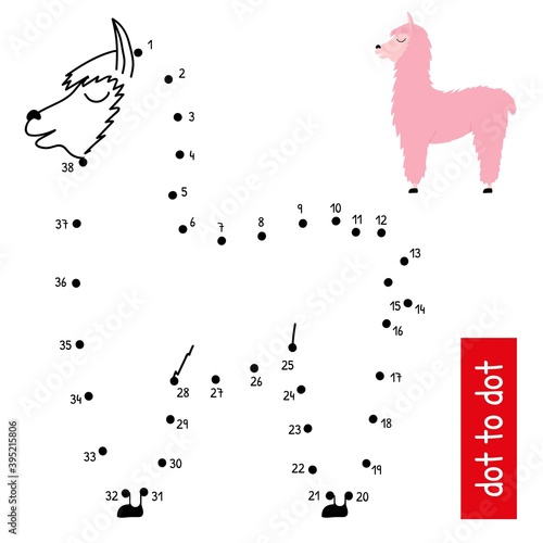 Educational vector illustration of numbers game with cute llama. Connect the dots in order. Coloring book page with color pattern.