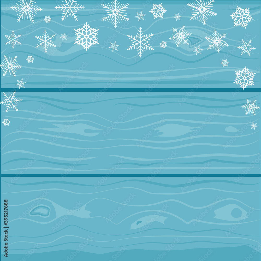 New Year and Christmas background. Snowflakes on a turquoise wooden background, place for text. Vector illustration