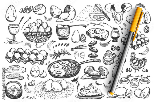 Chicken eggs doodle set. Collection of healthy meal fried scrabled hen product egg breakfast food nutrition isolated on white background. Easter symbol celebration illustration.