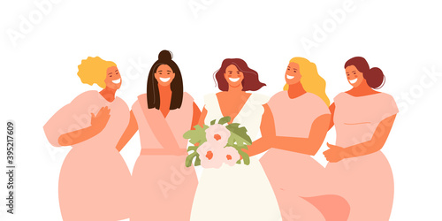Happy bride with her bridesmaids. Wedding traditions vector illustration