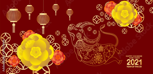 Happy year of the Ox banner in paper art style on red background, happy lunar new year 2021
