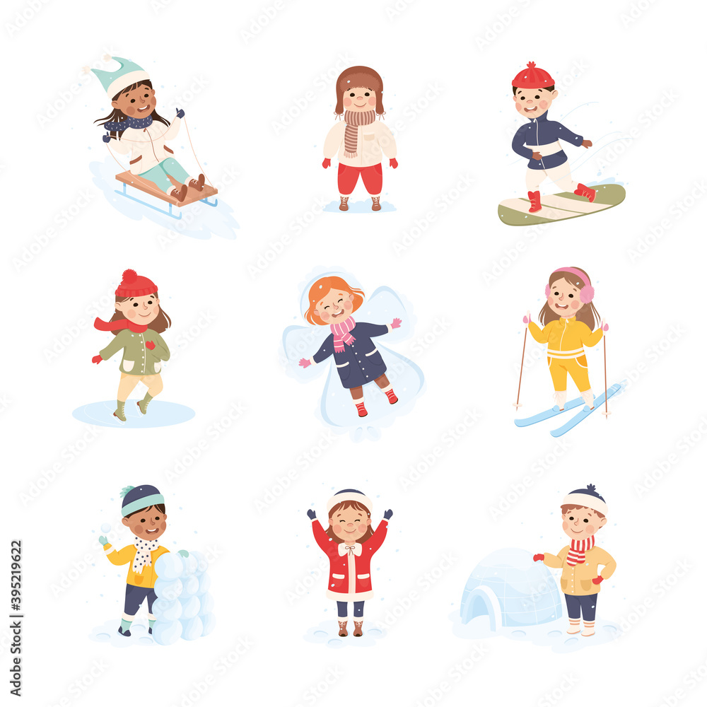 Children Enjoying Winter Fun Activities in Snow Sledging, Skiing, Ice Skating Vector Set Children Enjoying Winter Fun Activities in Snow Sledging, Skiing, Ice Skating Vector Set