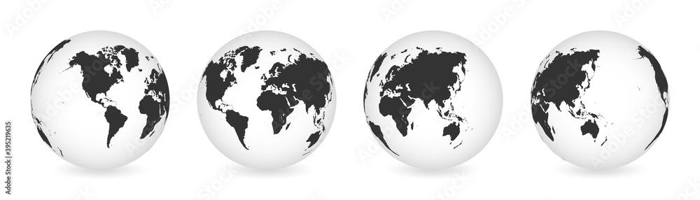 Obraz premium Set of transparent globes of Earth. Realistic world map in globe shape with transparent texture and shadow. Abstract 3d globe icon