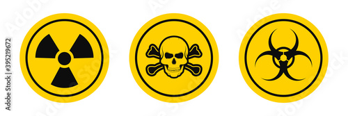 Hazard warning signs. Biological and radiation hazard. Toxic and chemical hazard icons isolated on white background