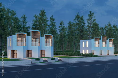 3d rendering of modern light townhouse cozy small house for sale or rent with many grass on lawn. In evening with a dark blue sky. Perspective street view © ParamePrizma