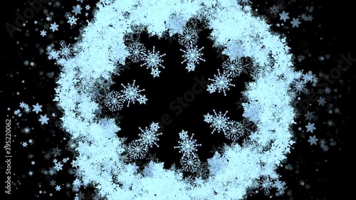 Christmas Snowflakes. Amazing Christmas gold border 4K animation. Christmas Golden Frame with Black background. Golden Snowflakes Blank Background. Glowing Golden Snowflakes particles Holiday Backdrop photo